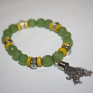 Beautiful silver green yellow bracelet with tassel 8"
